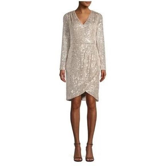 Calvin Klein Long Sleeve Faux Wrap Sequin Knee Length Dress Champagne Beige Gold - Picture 2 of 13